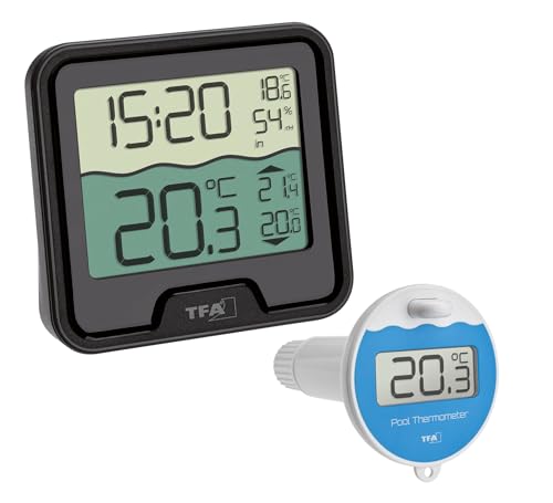 TFA Dostmann Digital Funk Poolthermometer Marbella, 30.3066.01, schwimmend, leicht ablesbar, für Schwimmbad, Teich, Eisbad, Wassertemperatur, inkl Temperatur Wassersender, Funkuhr, schwarz