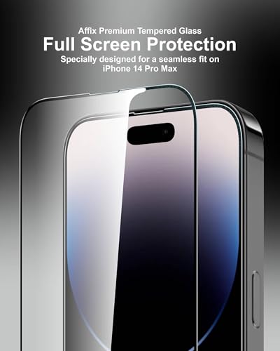 Image of Affix 2 Pack for iPhone 14 Pro Max Full Coverage Tempered Glass, Screen Protector Guard with Easy Fix Installation Tool, 9H Hardness Shatterproof, HD Clear Scratch Resistant
