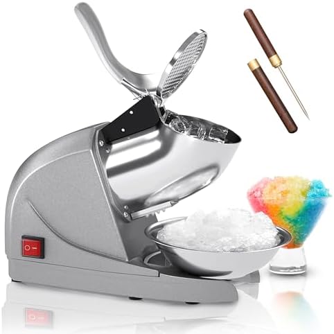 Electric Ice Crushers Machine Ice Snow Cone Maker Professional Double Blades Stainless Steel Ice Shaver Machine for Home Commercial Use (Silver)