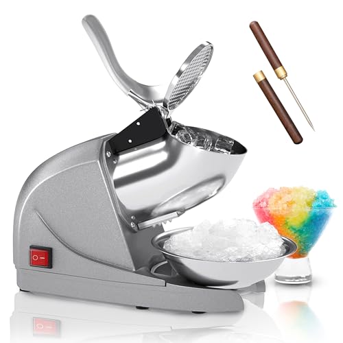 Electric Ice Crushers Machine Ice Snow Cone Maker Professional Double Blades Stainless Steel Ice Shaver Machine for Home Commercial Use (Silver)