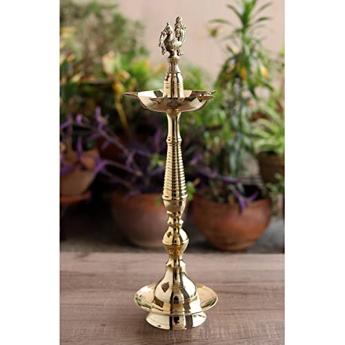 Image of Indian Art Villa Pure Brass Shine Finish Stand /Pillar Diya /Deepak /Lamp /Lantern with Peacock Design, Pooja, Home Decor & Diwali Gift Item, Height-18 Inches