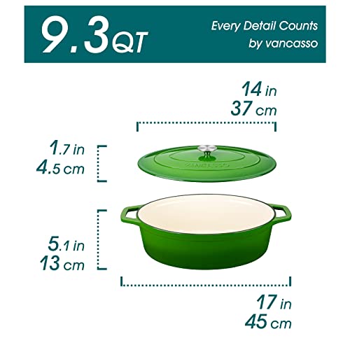 Image of vancasso 9.3 Qt Oval Enameled Cast Iron Dutch Oven with Lid, Green | Bread baking, roasting, braising, self-basting lid, oven to 500F on gas, induction, ceramic, non-toxic enamel, family size.