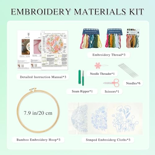 Image of naexuauu Adult Embroidery Kit for Beginners DIY Materials with 3 Bamboo Hoops and Pre-Printed Patterns with Step-by-Step Tutorials Suitable for Home Decoration