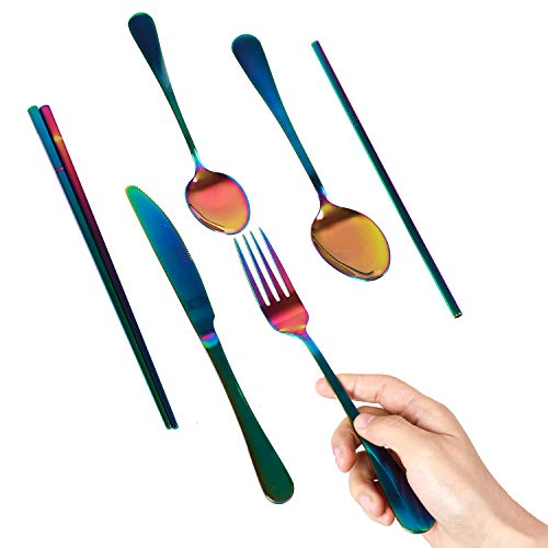 Stainless Steel Flatware Set Reusable Cutlery Set Travel Utensils Set With Straws For Camping Office Or School Lunch,Dishwasher Safe (Rainbow-Set Of 8) #TOP7