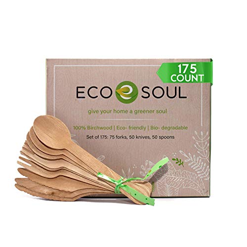 ECO SOUL Biodegradable Cutlery | Bamboo Silverware Utensils Flatware | Bamboo Cutlery Set | Set of Forks, Spoons, Knives | Eco-Friendly, Compostable & Disposable Wooden Cutlery | Party & Home Use