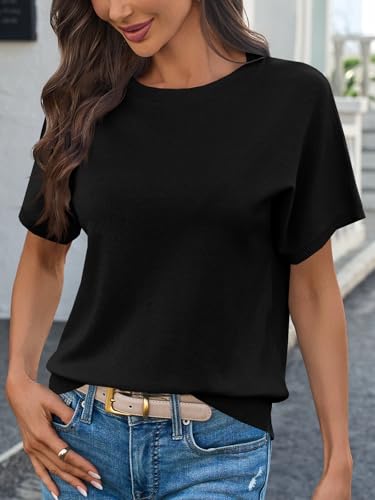 Saodimallsu Womens Short Sleeve Sweater Casual Basic Crew Neck Loose Knit Pullover Tops Summer Lightweight Blouses3