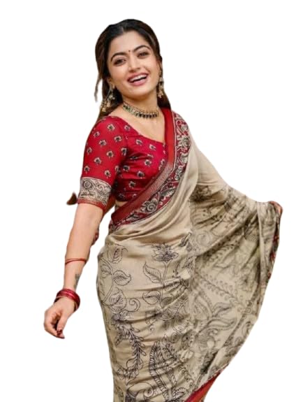 Women's Red & Beige Kalamkari Printed Saree with Unstitched Blouse Piece-image-43
