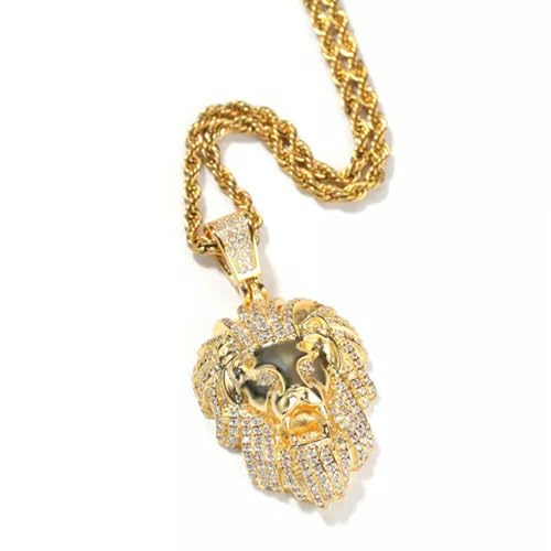Image of Hip Hop Lion Head Pendant Necklace 18k Gold Plated with Rope Chain Mens Jewelry-Gold