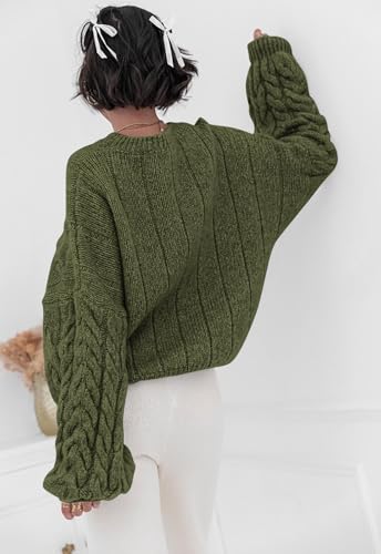 PRETTYGARDEN Womens Sweaters Spring 2026 Cable Knit Long Sleeve Crewneck Oversized Sweater Chunky Pullover Loose Outfits (Army Green, Small) — view 4