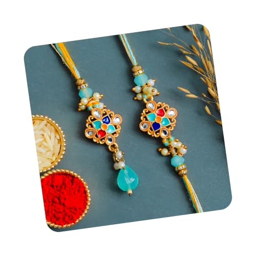 Image of eCraftIndia Multicolor Kundan Designer Rakhis for Brother and Bhabhi | Bhaiya Bhabhi Rakhi Set of 2