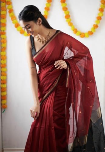 Image of Women's Cotton Woven Soft Sarees With Attach Blouse Piece.
