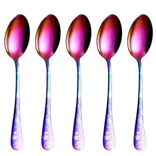Image of 8 inch Rainbow Silverware Dinner Spoons with Floral Printed Handle | 5-Piece Premium Stainless Steel Flatware Set | Dishwasher Safe Cutlery Set for Home, Restaurant & Gifting
