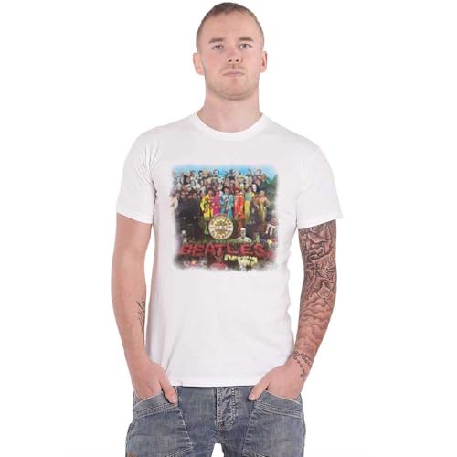 The Beatles Mens T Shirt White Sgt Pepper Lonely Hearts Logo Official - Les Beatles, Paul McCartney, John Lennon, RIngo Starr, George Harrison The Beatles Mens T Shirt White Sgt Pepper Lonely Hearts Logo Official