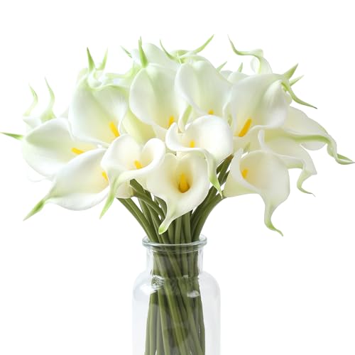 SITUMEIZI 24 PCS White Fake Flowers Artificial Calla Lily PU Flowers Real Touch for Home Kitchen Decor Wedding Bouquet Office Decoration