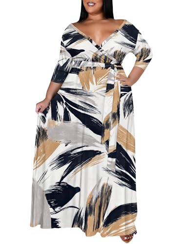 Image of SUZONANA Plus Size Maxi Dresses for Curcy Women Casual Loose 3 /4 Sleeve Long Dress with Belt