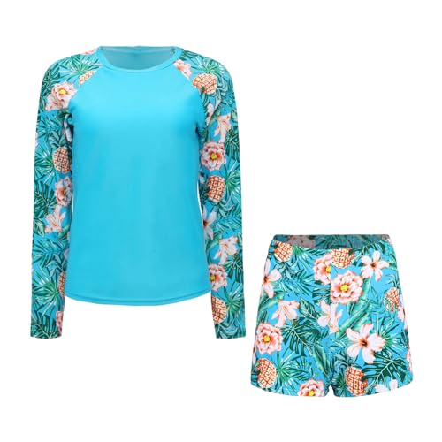 Rash guard con mangas largas de mujer talla grande con copas protectoras y estampado tropical