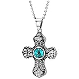 Métal: Acier Inoxydable COOLSTEELANDBEYOND Homme Femme Acier de Bleu Mauvais Oeil Vintage Tribal Tatouage Motif Croix Pendentif Collier, 75CM Chaîne Boule