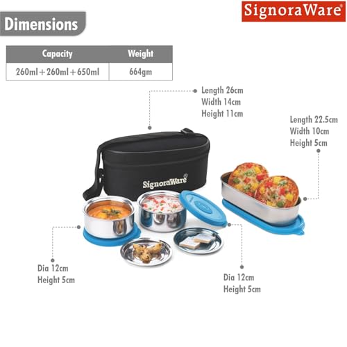 Image of Signoraware Double Decker Stainless Steel Lunch Box | Airtight & Leakproof | Ideal for Office & School Meals | Great for Travelling & Outdoors (260ml + 260ml + 650ml | Blue)