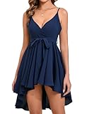 LYTHMER Women's Ruffled Bow Tie Short Dress Casual Sleeveless V Neck Spaghetti Strap Tiered Mini Dress Dark Blue XL