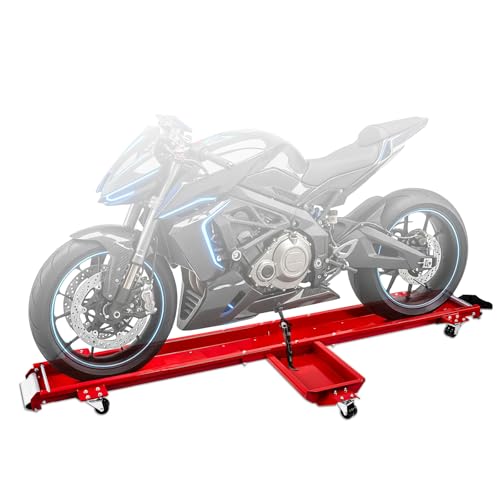 1250 lbs Motorcycle Dolly with 5 Swivel Casters Adjustable Fit Bike Mover Stand with Ramp & Safety Pins Heavy Duty Rolling Motorcycle Stand for Garage Storage & Workshop Red