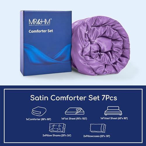 MR&HM Satin Comforter Queen 7 Pieces - Luxurious Pinch Pleat Bedding Set with Comforter, Flat Sheet, Fitted Sheet, Pillowcases & Shams, Super Silky Soft Bed Set for All Season (Queen, Lavender)