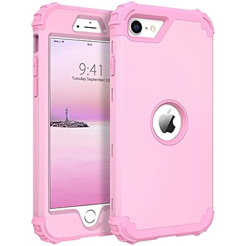 BENTOBEN for iPhone SE 2022 Phone Case and iPhone SE 2020 Case, Heavy Duty 3 in 1 Full Body Rugged Shockproof Hybrid Hard PC Soft Rubber Bumper Drop Protective Girls Women Boy Cover,Light Pink Design