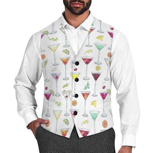 Watercolor Cocktails Glass with Fruits Men's Suit Vest Slim Fit V-Ncek Waistcoat Business Casual Vest