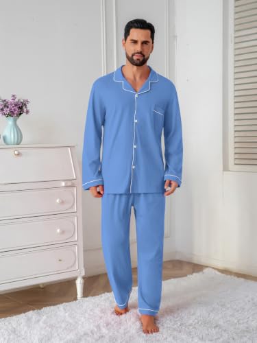 Image of QZH.DUAO Mens Pajama Set 100% Cotton Long Sleeve Button Down PJs
