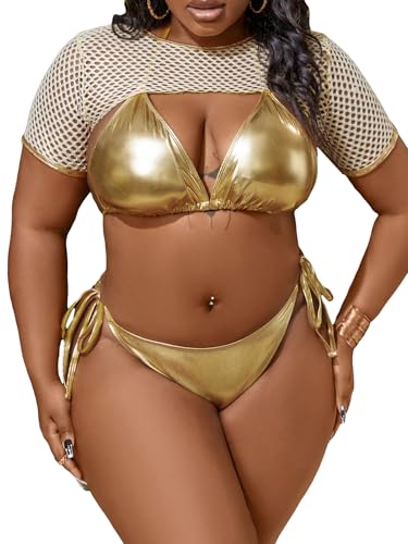 Women's Plus Size 3 Piece Solid Halter Bikini Triangle Set with Beach Cover Up Top Backless Swimsuit