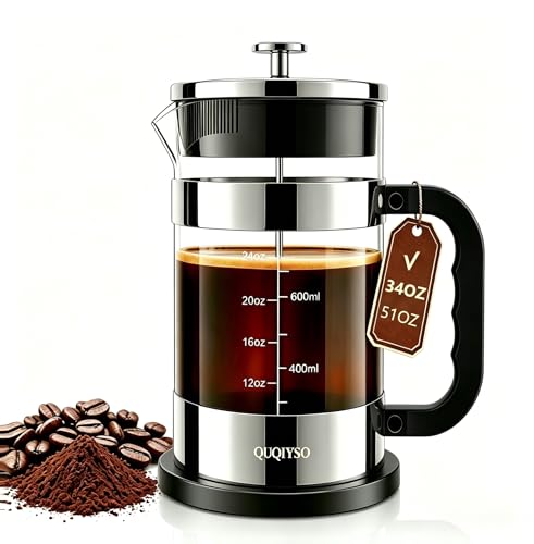 Image of QUQIYSO French Press Coffee Maker 34oz, Thickened Glass Coffee French Press | Stainless Steel Coffee Press, 4 Filter Easy to Clean, Cold Brew Coffee Maker, Suitable for Kitchen Party Gifts(Silver)