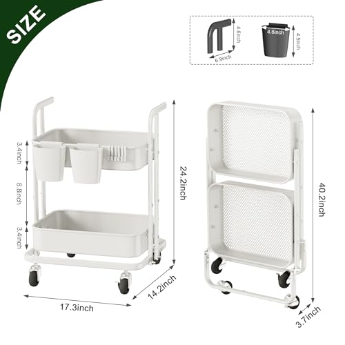 Image of DTK 2 Tier Rolling Cart, Small Metal Utility Cart with Lockable Wheels, Foldable Craft Cart, 2 Shelf Folding Storage Trolley for Living Room, Kitchen, Bathroom, Bedroom and Office, White