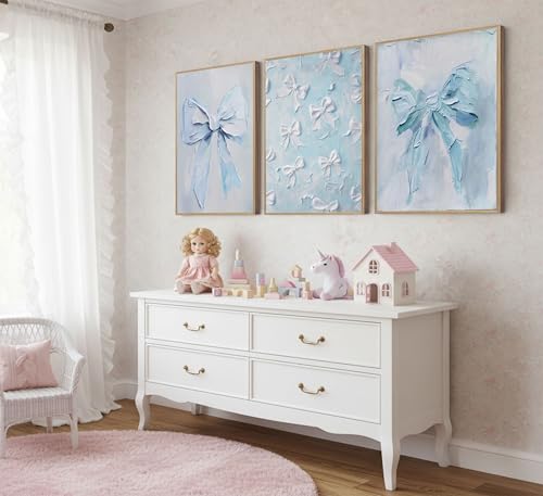 Image of 3Pcs Trendy Blue Bow Canvas Wall Art Vintage Cute Preppy Watercolor Bow Painting Pictures Wall Decor Posters Prints Girly Aesthetic for College Apartment Bedroom Decoration Unframed