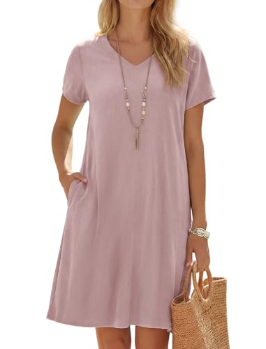Enmain Vestidos Lino Mujer Verano Rosa Manga Corta Cuello V Vestido Midi Casual Playa con Bolsillos hasta la Rodilla sin Accesorios XXL