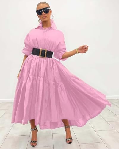 Image of Women's Long Sleeve Maxi Shirt Dress Elegant Button Down Loose Swing Party Dress
