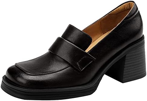 Celucke Damen Slipper Dicker Absatz Loafers Mary Jane Schuhe Runde Zehe Leder Dicke Sohle Quadrat Ferse Loafers Bequemen Freizeitschuhe
