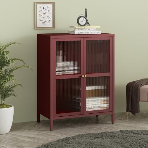 [en.casa] Buffet Stylé Commode Design Petite Armoire Élégante Meuble de Rangement pour Salon avec Portes et Étagères Acier Verre Ondulé 84 x 64 x 35 cm...