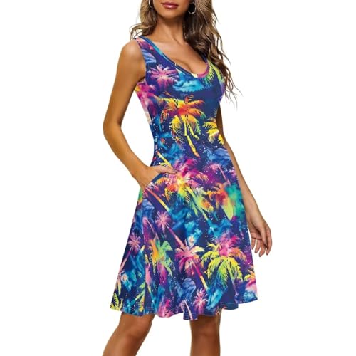 Image of TOADDITDO Women's Sleeveless O Neck Beach A-Line Party Coctail Tank Dresses Flared Sundress