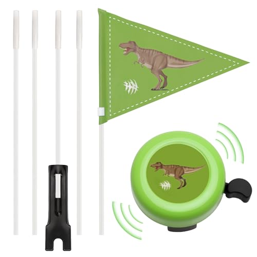 2 Stück Fahrradwimpel Kinder Dino Fahrradklingel Grün Fahrradfahne Sicherheitswimpel 150cm Fahrradglocke Laut Radglocke Fahrrad Zubehör für Kinderfahrrad Mountainbike