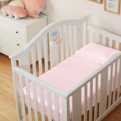 Image of Entisn 28x52 Satin Fitted Crib Sheet 2 Pack, Baby Pink and Light Purple | 8-Inch Deep Pocket Snug Fit, Silky Satin Protects Hair And Skin, No-Slip Reinforced Edges, Machine Washable Fade-Resistant