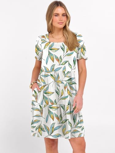 Image of ANRABESS Women Summer Square Neck Puff Short Sleeve Mini Dress 2026 Casual Flowy Sundress Beach Vacation Clothes with Pockets