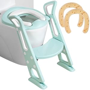Toilettentrainer mit Treppe Extra 2x kostenlose Baumwollaufsätze | WC-Aufsatz für Kleinkinder Töpfchentrainer | Rutschfest Stabil Klappbar & Höhenverstellbar | Für 2-7-Jährige (Türkis)