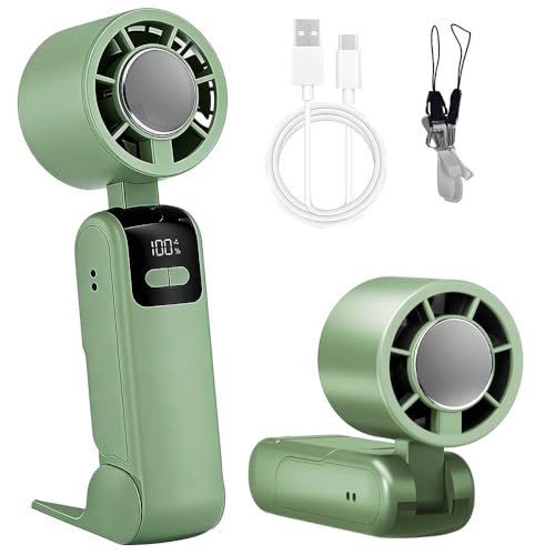 LYPPUL Handventilator, stufenlos einstellbar (1–199), Turbo-Mini Ventilator mit Kühlplatte & LED Display, 2000mAh Tragbarer Lüfter, USB Ventilator Faltbar, für Reisen Outdoor Haus Büro(Grün)