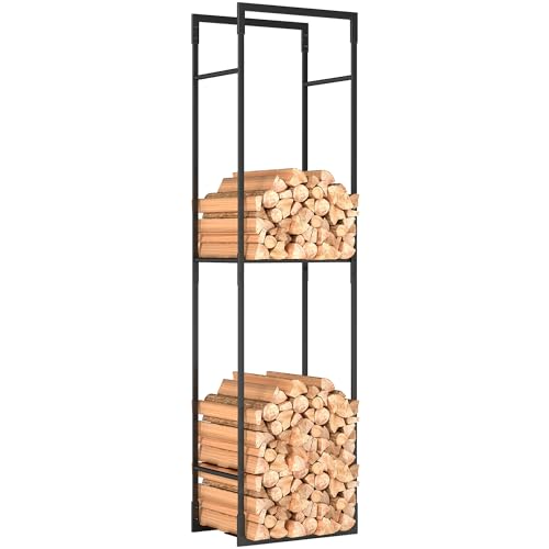 Outsunny Soporte de leña de metal, estante de leña resistente con estante ajustable, estante de almacenamiento de leña para chimenea de interior al aire libre, 45 x 31 x 170 cm, negro
