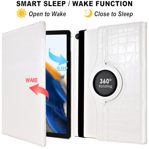 KEROM Rotating Case for Samsung Galaxy Tab A8 10.5 inch 2022 (SM-X200/X205/X207), 360 Degree Rotating Stand Case PU Leather Folio Cover for Galaxy Tab A8 10.5'' 2022, White Crocodile Skin