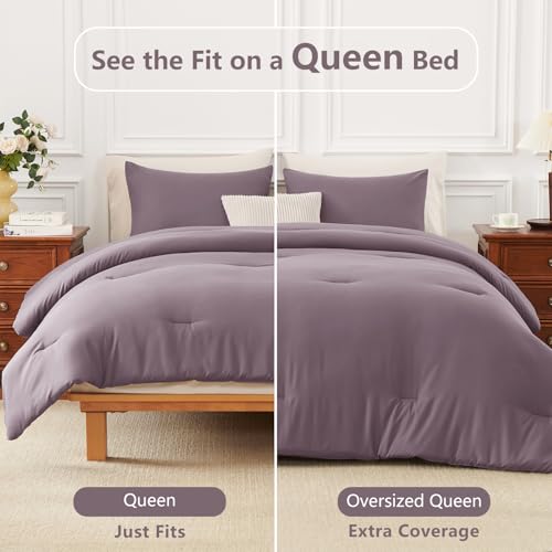 Image of HIMEET Queen Comforter Set, 3 Piece 90x90 with 2 Pillowcases, Dusty Purple | 270GSM Down Alternative Fill, Oeko-TEX Certified, 8 Corner Ties Quilted, All Season, Fluffy Bed Set, Bedroom Decor Bedding