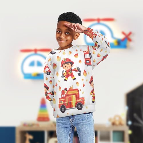 JUNZAN Firefighter and Fire Truck White Kids Girls Pullover Hoodie Long Sleeve Sweatshirts for Boys Camping 4T4