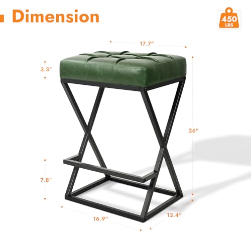 Image of Bar Stools Set of 3, 26 Inch Counter Height Stool Faux Leather Green | Backless Counter Stools with X-Frame Metal Legs, 3.3 inch Upholstered Seat, Mid-Century Modern, for Kitchen Island, Home Bar