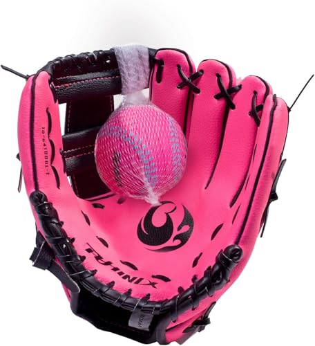 PHINIX 8 1/2\" Baseball Glove Tee Ball Mitts and Foam Ball for Kids Beginner Play Training Right Hand Throw Pink