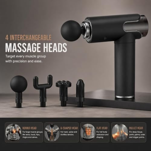Image of Foot Massager, 4 Heads, 6 Speed, Handheld, Percussion Muscle Massager for Full Body Relief Muscle Relaxation of Neck, Shoulder, Back, Foot for Men & Women - Corded (Black-1)