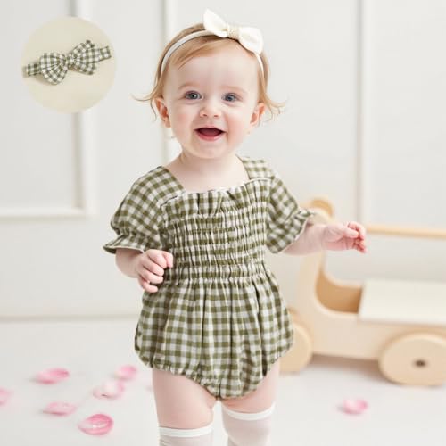 Infant Baby Girls Romper Ruffle Sleeve Pleated Smocked Bubble Plaid One Piece Ruched Jumpsuit Summer Bodysuit3